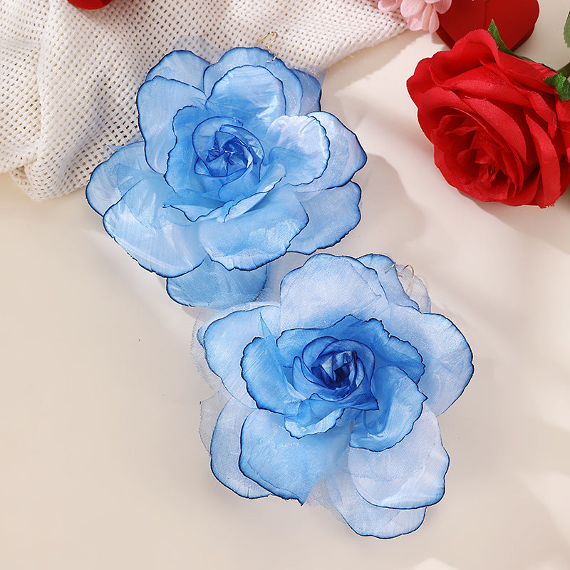 Wholesale EZ5486 Cross-border European and American Imitation Rose Silk Flower Gradient Three-dimensional Mesh Flower Pendant Women's Earrings Valentine's Day Jewelry
